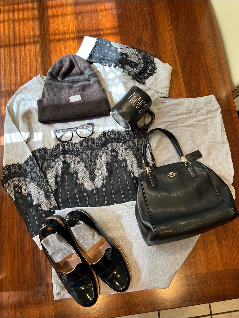Athleisure Gray Sweatshirt with Black Lace Overlay size M